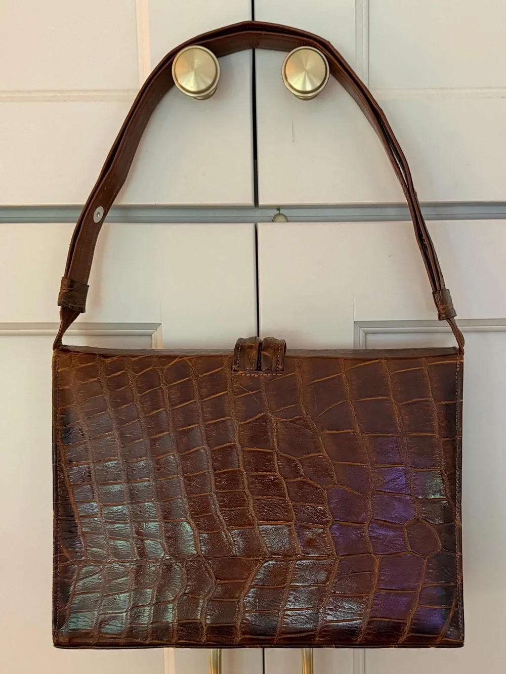 Vintage Croc-Embossed Brown Shoulder Bag